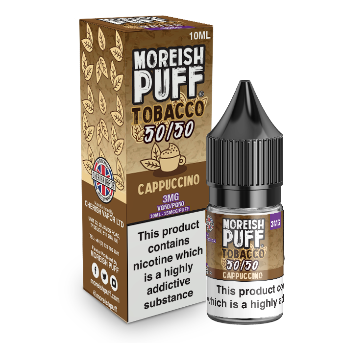 Moreish Puff Tobacco 50/50: Cappuccino Tobacco 10ml E-Liquid-3mg